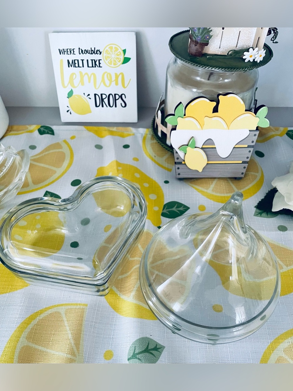 2 Vintage Glass Heart Dish with Lid